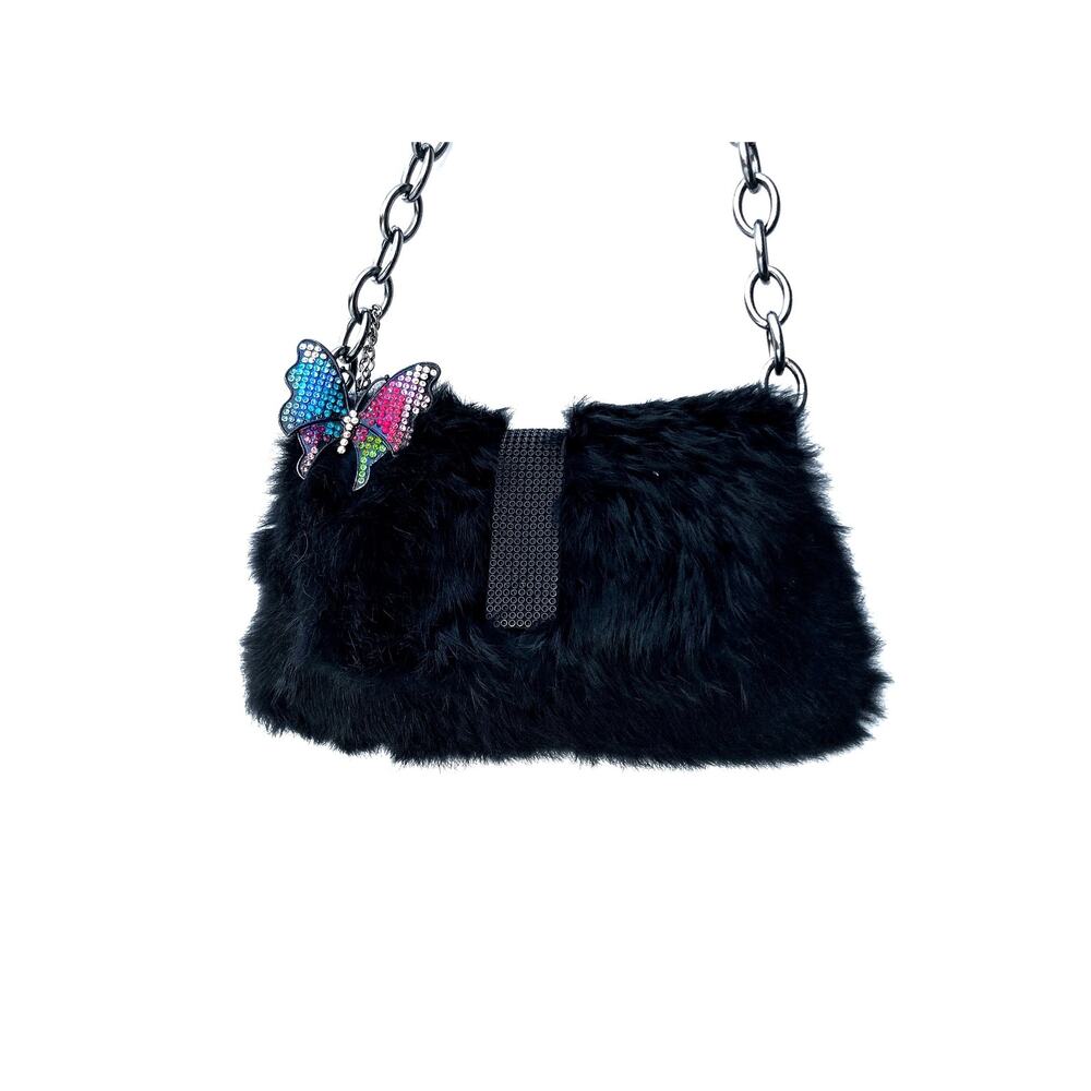 Y2K Genuine Rabbit Fur Shoulder Bag w/ Chain & Betsey Johnson Butterfly Charm